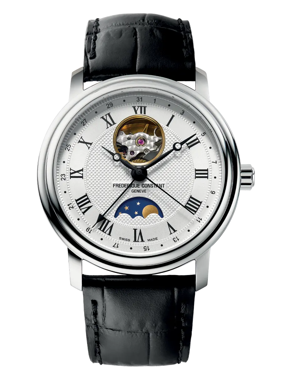 Classics Gents Heart Beat Moonphase Date 40mm in Steel on Black Crocodile Leather Strap with Silver Dial