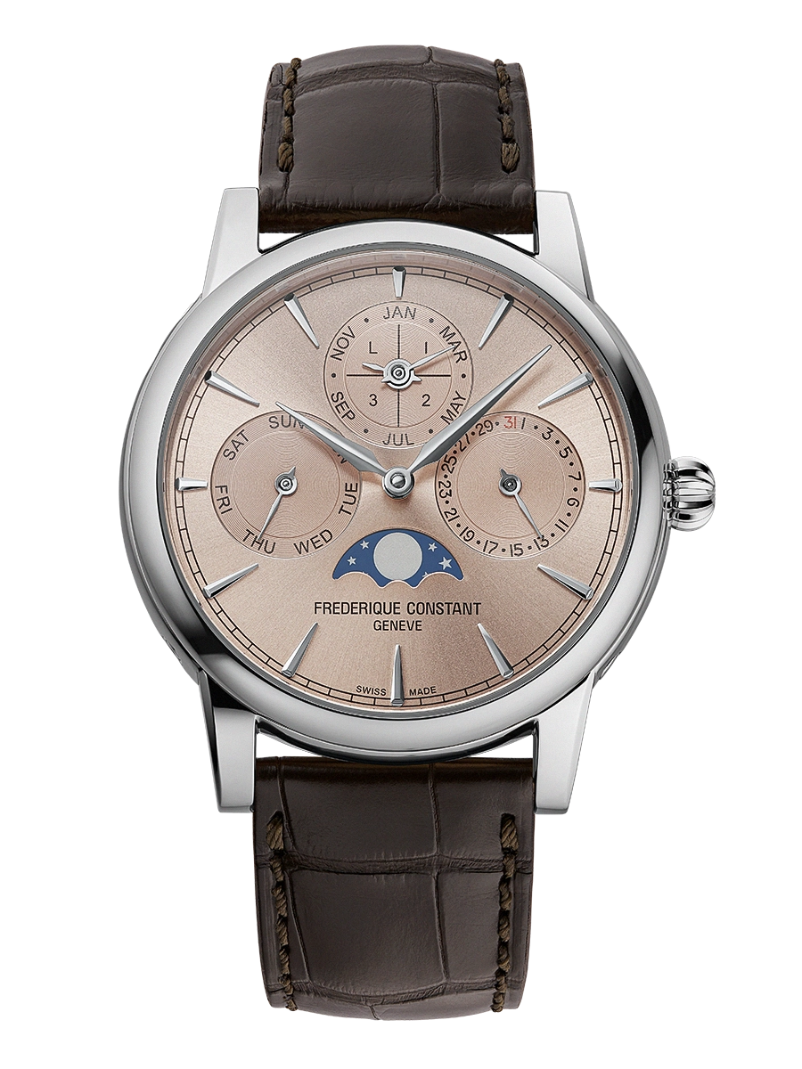 Perpetual Calendar 40mm in Steel on Brown Crocodile Leather Strap with Pink Dial