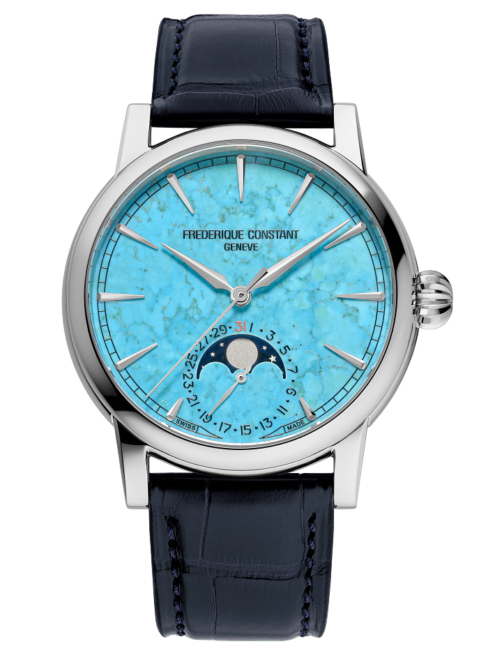 Classic Moonphase Date 40mm in Steel on Blue Alligator Leather Strap with Turquoise Dial