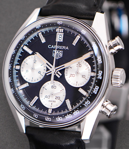 Carrera Chronograph in Steel on Black Leather Strap