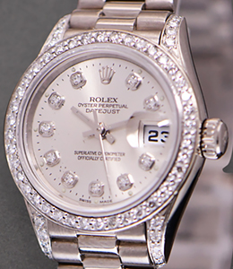 Ladies President in White Gold with Custom Diamond Bezel and Custom Silver Diamond Dial