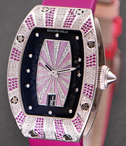 RM 007 in White Gold with Diamonds and Pink Sapphires and Semi Skeletonised dial with diamonds and mother of pearl 