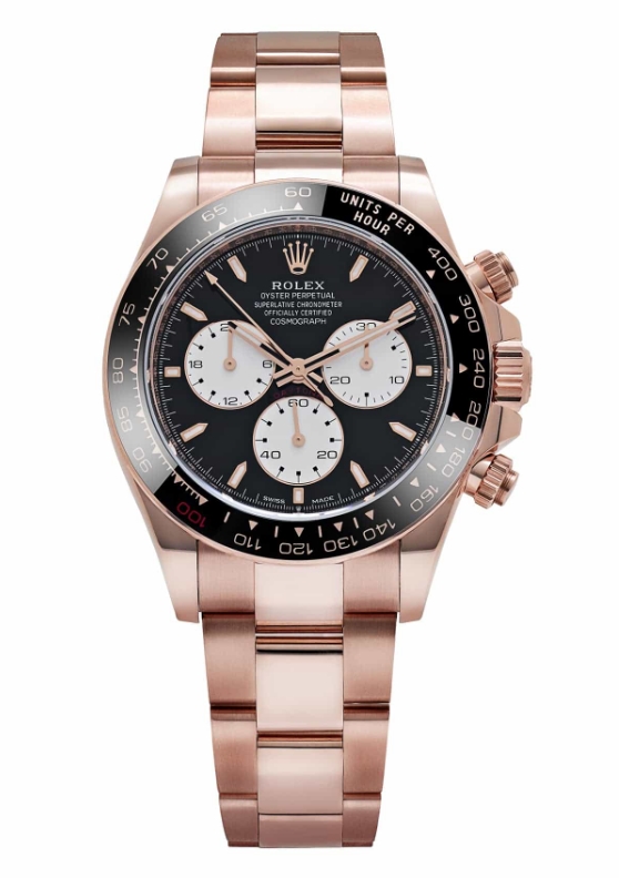 Daytona Le Mans 40mm in Rose Gold with Black Bezel on Rose Gold Oyster Bracelet with Black Dial