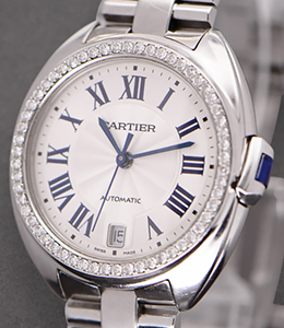 Cle de Cartier in Steel with Custom Diamond Bezel on Steel Bracelet with Silver Roman Dial
