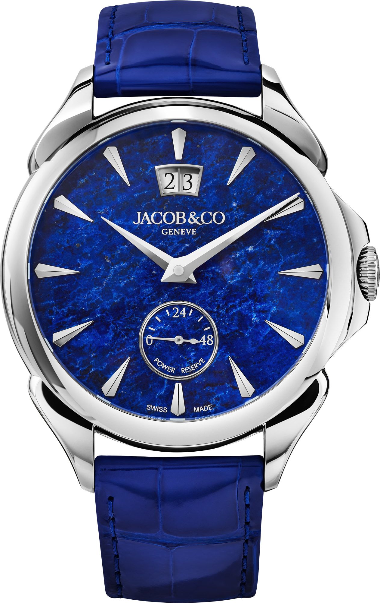 Palatial Classic Manual Big Date 42mm in Steel on Blue Crocodile Leather Strap with Lapis Lazuli Dial