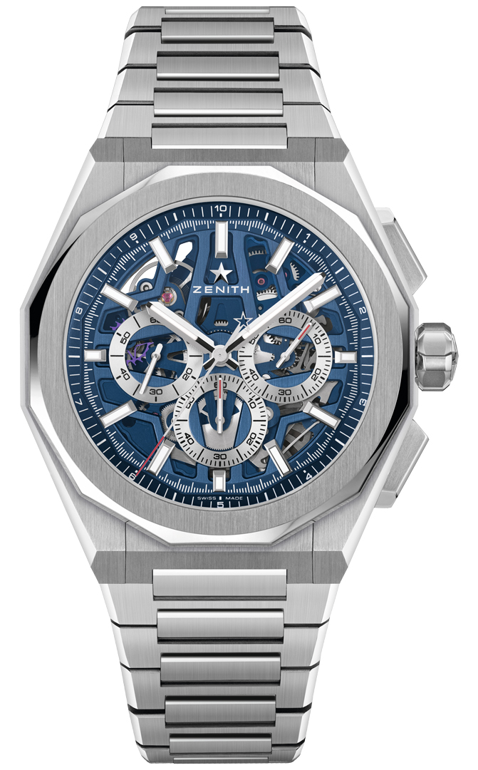 Defy Skyline Chronograph 42mm in Steel on Steel Bracelet with Blue Skeleton Dial