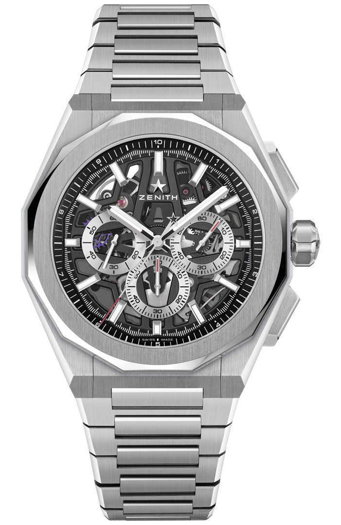 Defy Skyline Chronograph 42mm in Steel on Steel Bracelet with Black Skeleton Dial