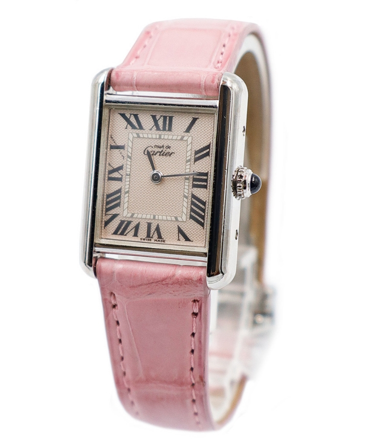 Tank Must de Cartier Quartz in Steel on Pink Crocodile Leather Strap with Pink Roman Dial