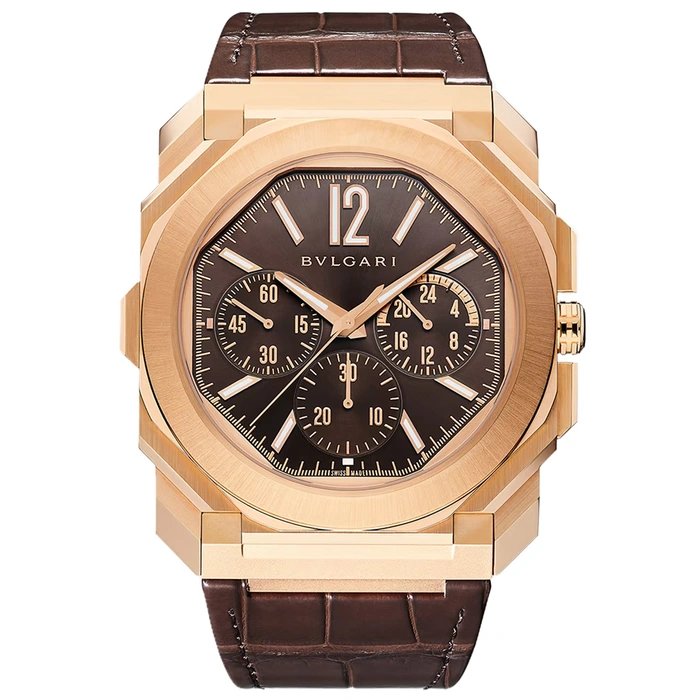 Octo Finissimo Chronograph 43mm Automatic in Rose Gold on Brown Alligator Leather Strap with Brown Dial