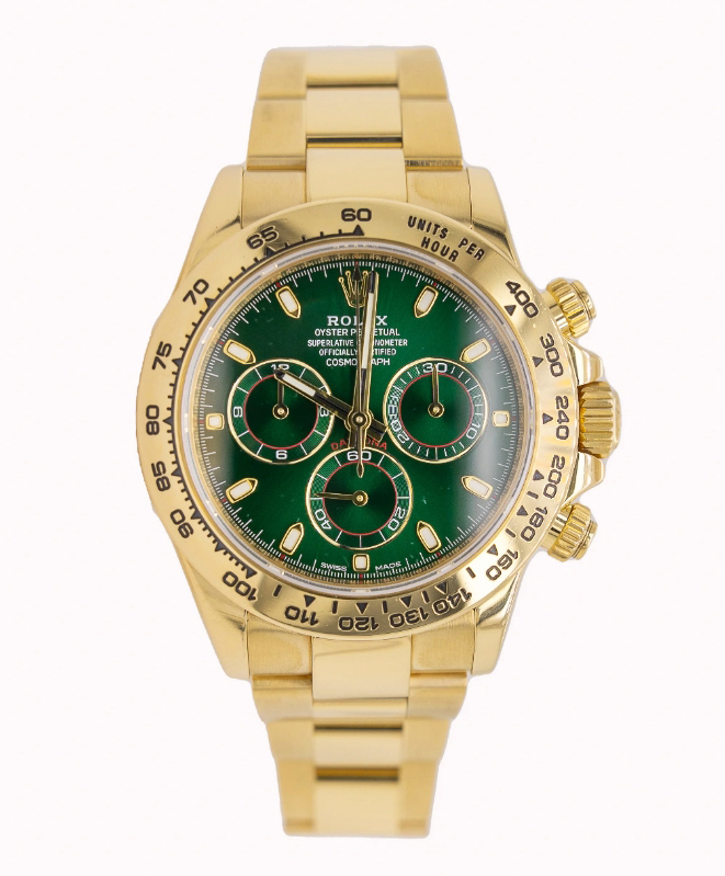 Daytona 40mm in Yellow Gold on Yellow Gold Oyster Bracelet with Green Stick Dial