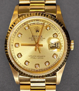 President 36mm Day Date in Yellow Gold with Fluted Bezel on President Bracelet with Champagne Diamond Dial