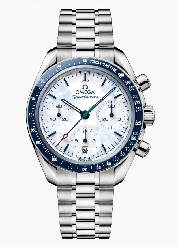 Speedmaster Date 38mm Milano Cortina in Steel with Blue Bezel on Steel Bracelet with White Dial