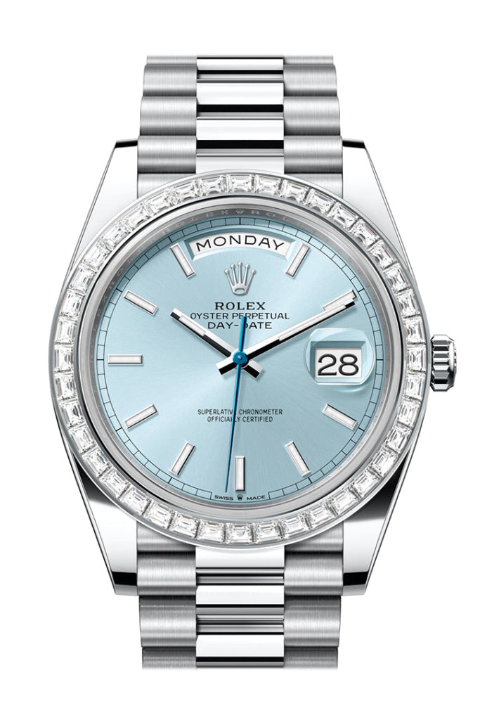 Day Date 40mm in Platinum with Baguette Diamond Bezel on Bracelet with Ice Blue Index Dial
