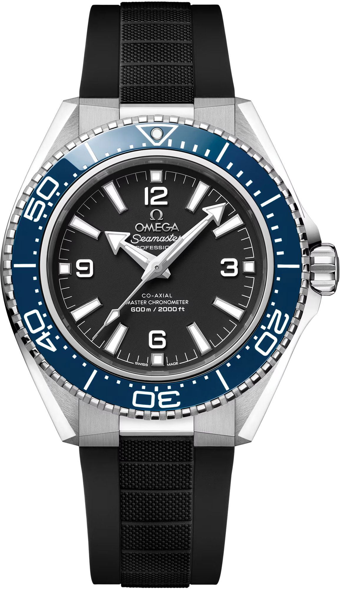 Seamaster Planet Ocean 600m 42mm Automatic in Steel with Blue Bezel on Black Rubber Strap with Black Dial