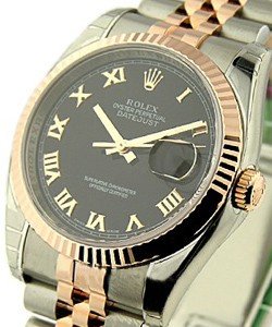 Datejust 36mm in Steel with Rose Gold Fluted Bezel on Bracelet with Black Roman Dial