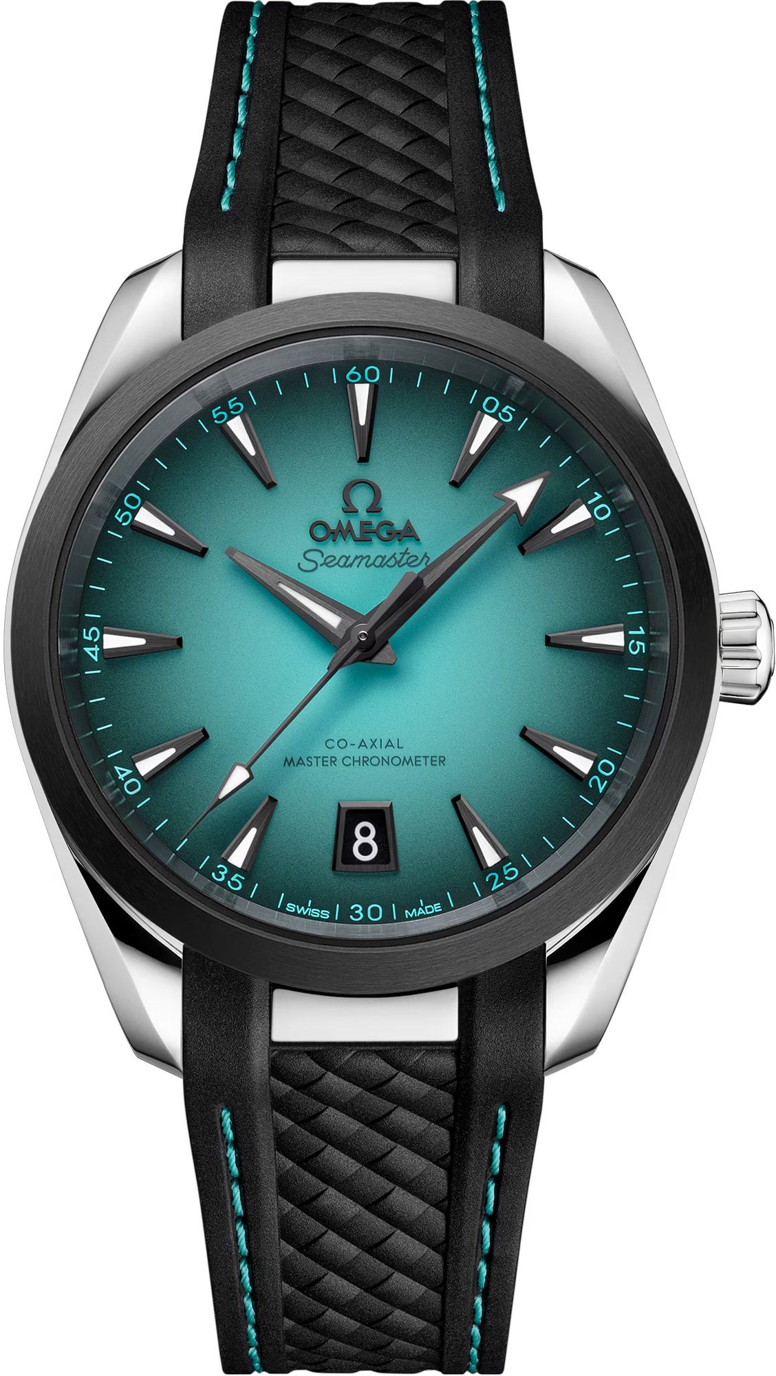 Aqua Terra 150M Co-Axial Master Chronometer 38mm in Steel with Black Ceramic Bezel on Black Rubber Strap with Turquoise Gradient Dial