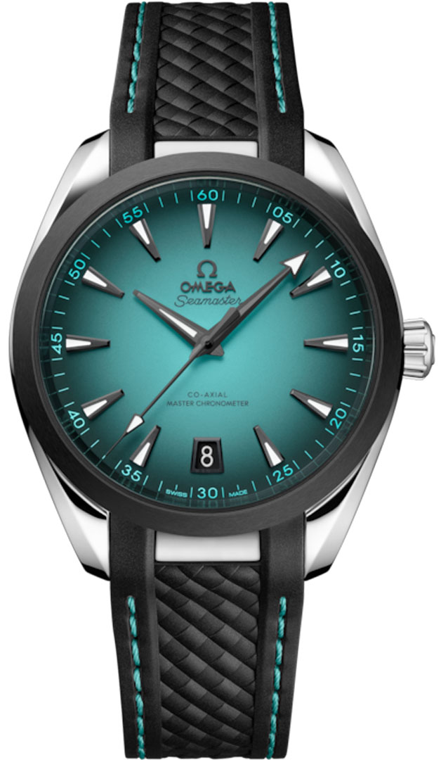 Aqua Terra 150M Co-Axial Master Chronometer 41mm in Steel with Black Ceramic Bezel on Black Rubber Strap with Turquoise Gradient Dial
