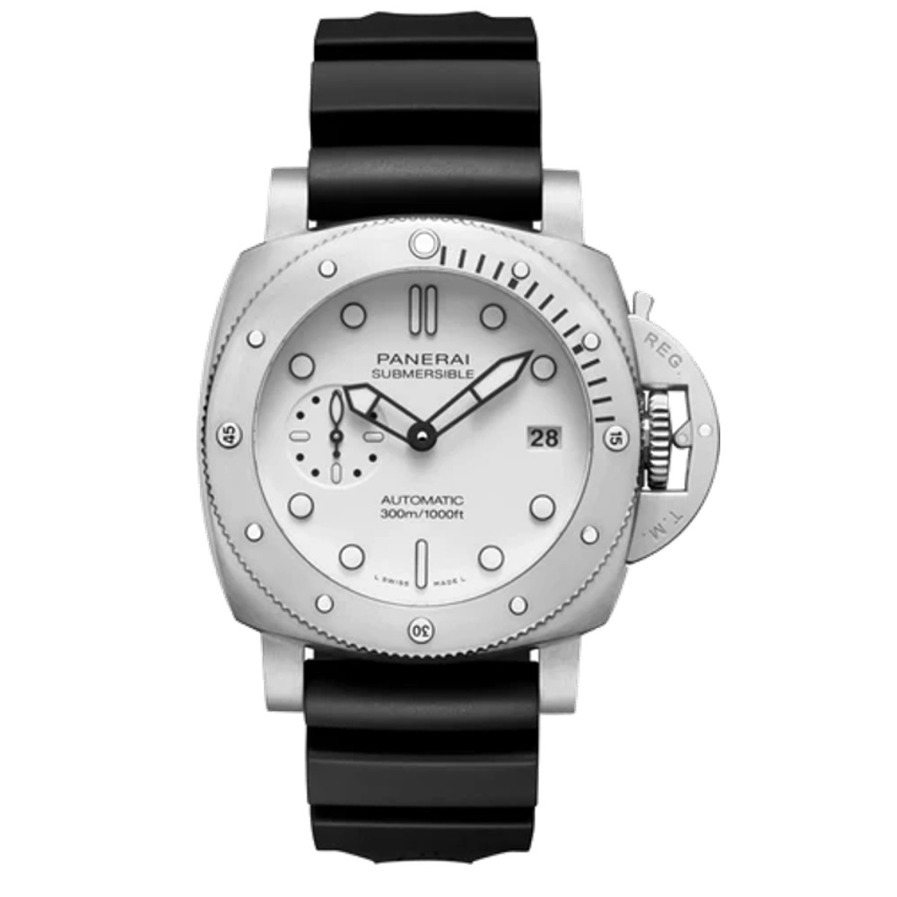 PAM 1590 - Submersible Bianco Automatic 42mm in Steel  on Black Rubber Strap with White Dial