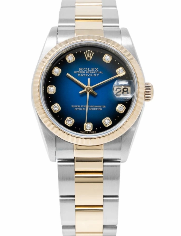 Datejust Mid Size 31mm in Steel with Yellow Gold Fluted Bezel on Oyster Bracelet with Blue Vignette Diamond Dial