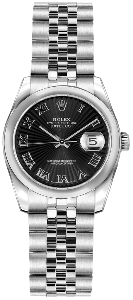Datejust 26mm in Steel with Smooth Bezel on Steel Jubilee Bracelet with Black Sunbeam Roman Dial