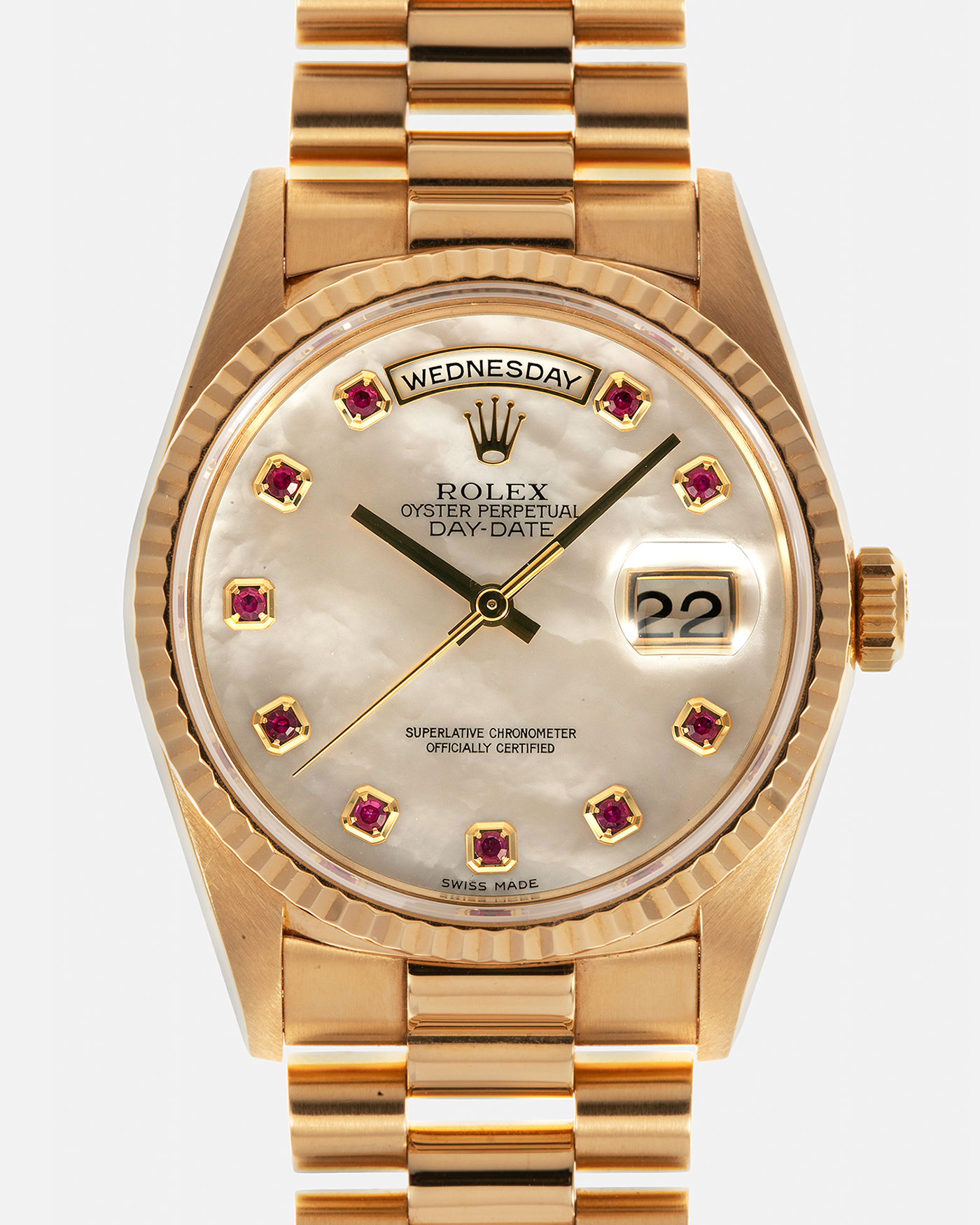 President 36mm in Yellow Gold with Fluted Bezel on President Bracelet with MOP Ruby Diamond Dial