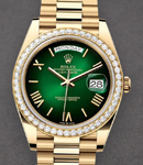 President 40mm Day Date in Yellow Gold with Diamond Bezel on President Bracelet with Green Roman Dial