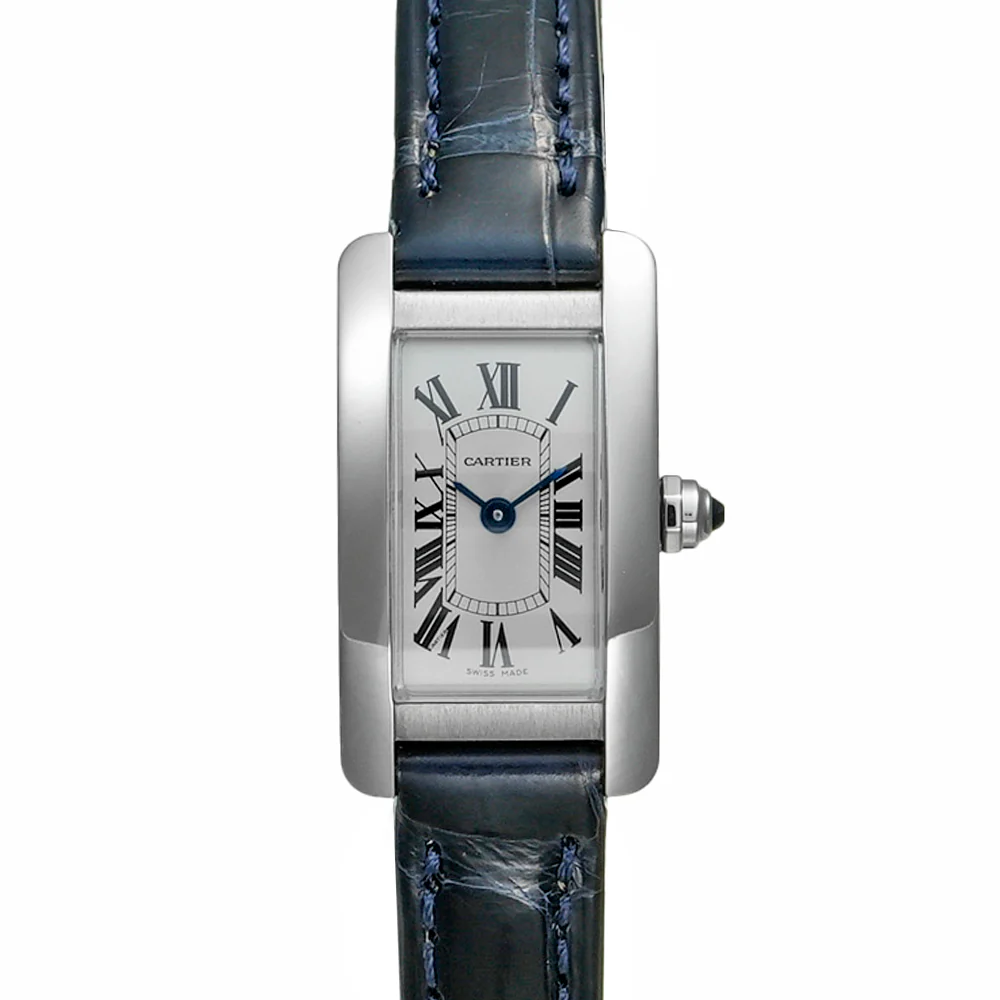 Tank Américaine Mini Quartz in Steel on Blue Crocodile Leather Strap with Silver Dial