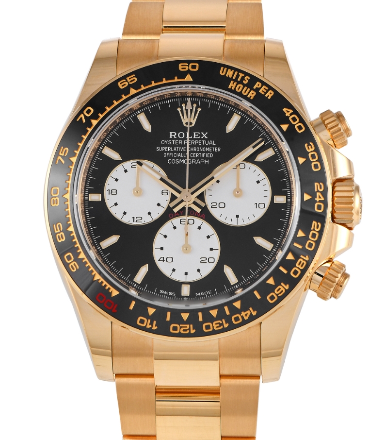 Daytona 40mm le Mans in Yellow Gold with Black Bezel on Yellow Gold Oyster Bracelet with Black Dial