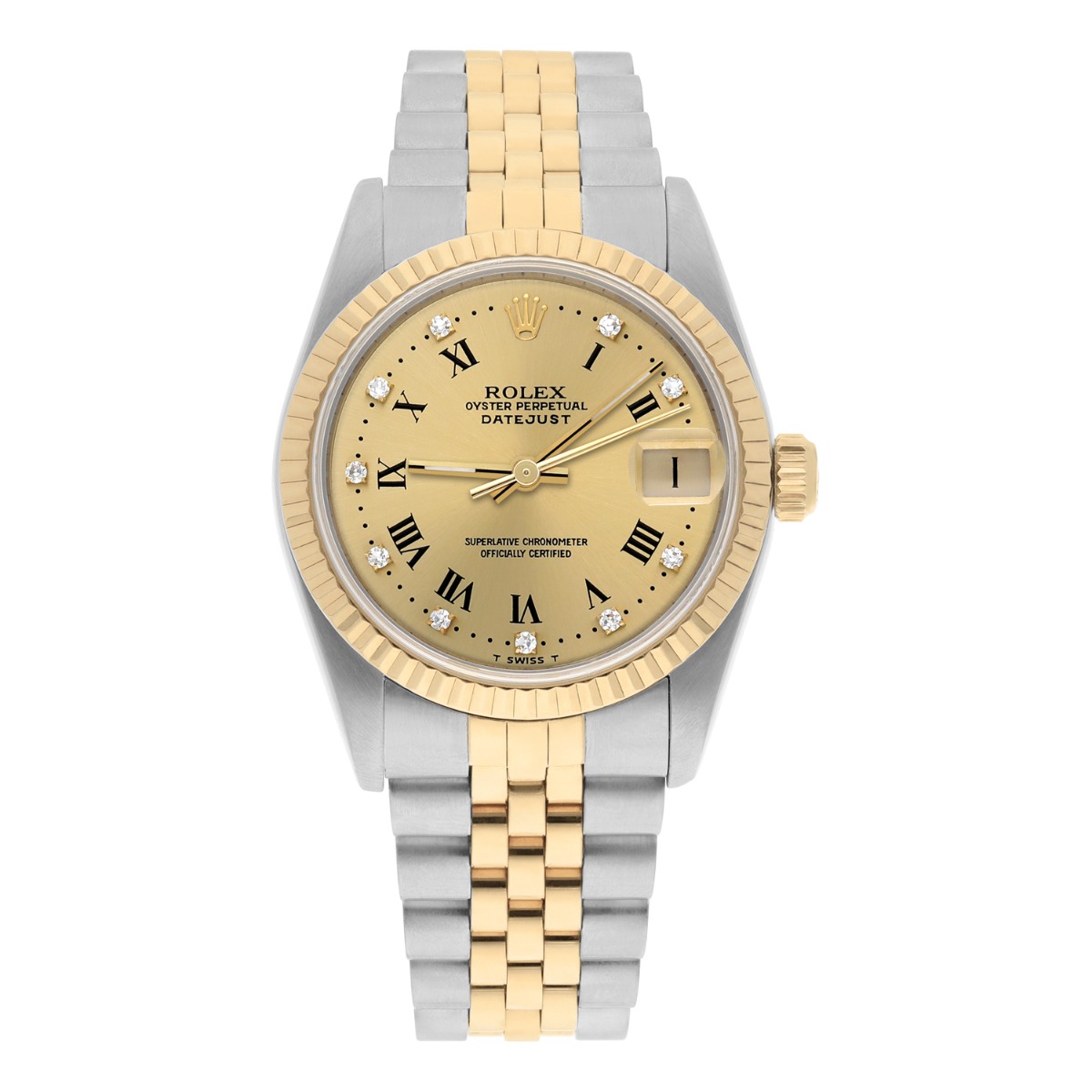 Datejust - Mid Size - Steel with Yellow Gold Fluted Bezel - 31mm on Jubilee Bracelet with Champagne Roman Diamond Dial
