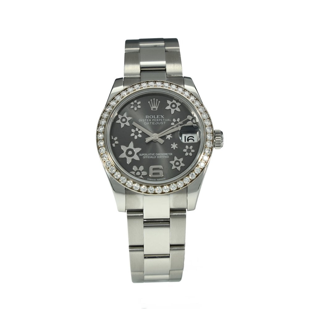 Datejust Oyster Perpetual 31mm in Steel with Diamond Bezel On Oyster Bracelet with Rhodium Floral Dial
