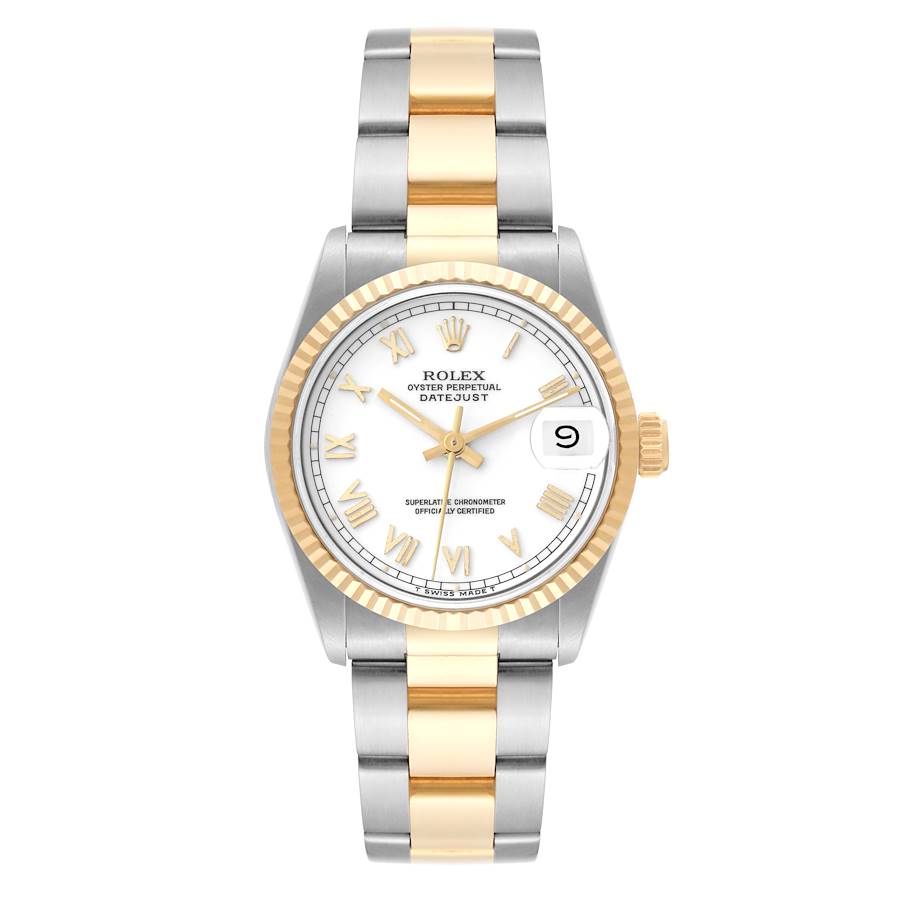 Datejust Mid Size 31mm in Steel with Yellow Gold Fluted Bezel on Oyster Bracelet with White Roman Dial