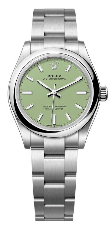 Oyster Perpetual No Date 31mm in Steel with Domed Bezel on Oyster Bracelet with Pistachio Index Dial