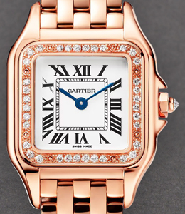 Panthere De Mid Size in Rose Gold with Diamond Bezel on Rose Gold Bracelet with Silver Diamond Dial