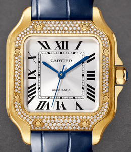 Santos de Cartier Large 40mm in Yellow Gold with Diamond Bezel on Blue Alligator Leather Strap with Silver Dial