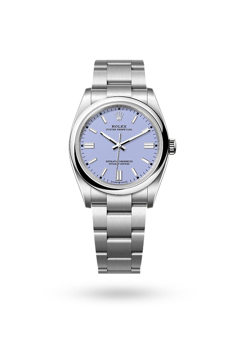 Oyster Perpetual No Date 36mm in Steel with Smooth Bezel on Oyster Bracelet with Lavender Index Dial