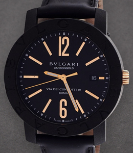 Bvlgari Carbon Gold in Black Carbon on Black Clafskin Leather Strap with Black Dial