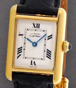 Tank Must De Cartier in Gold Plated Steel on Black Crocodile Leather Strap with Silver Dial