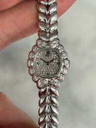 Vintage Lady's White Gold Cocktail Watch Pave Diamond Dial On White Gold Leaf Bracelet with Diamond Bezel