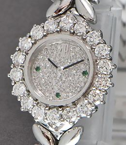Lady's White Gold Cocktail Watch Pave Diamond Dial On White Gold Leaf Bracelet with Diamond Bezel and Emerald Markers