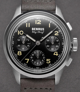 Benrus Sky Chief Stratus Gray 36mm Automatic in Steel on Grey Calfskin Leather Strap with Black Dial