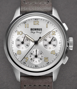 Benrus Sky Chief Cirrus White 36mm Automatic in Steel on Grey Calfskin Leather Strap with Silver Dial