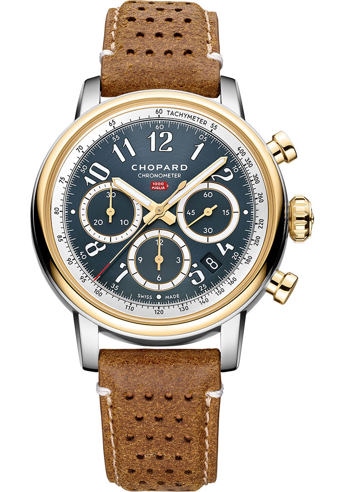 Mille Miglia Automatic Chronograph 40.5mm in Steel with Yellow Gold Bezel on Brown Calfskin Leather Strap with Blue Dial