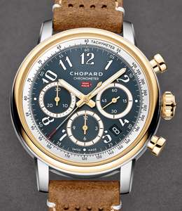 Mille Miglia Automatic Chronograph 40.5mm in Steel with Yellow Gold Bezel on Brown Calfskin Leather Strap with Blue Dial