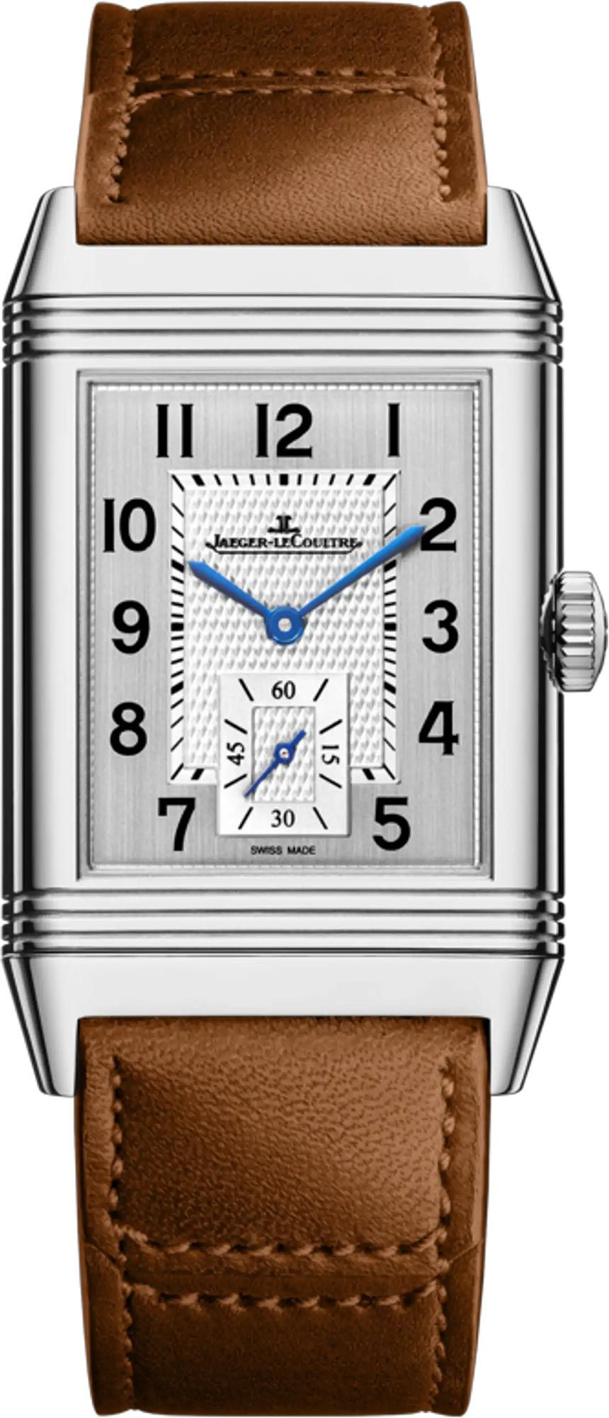 Reverso Classic Large Duoface Small Seconds in Steel on Brown Calfskin Leather Strap with Silver/Black Dial