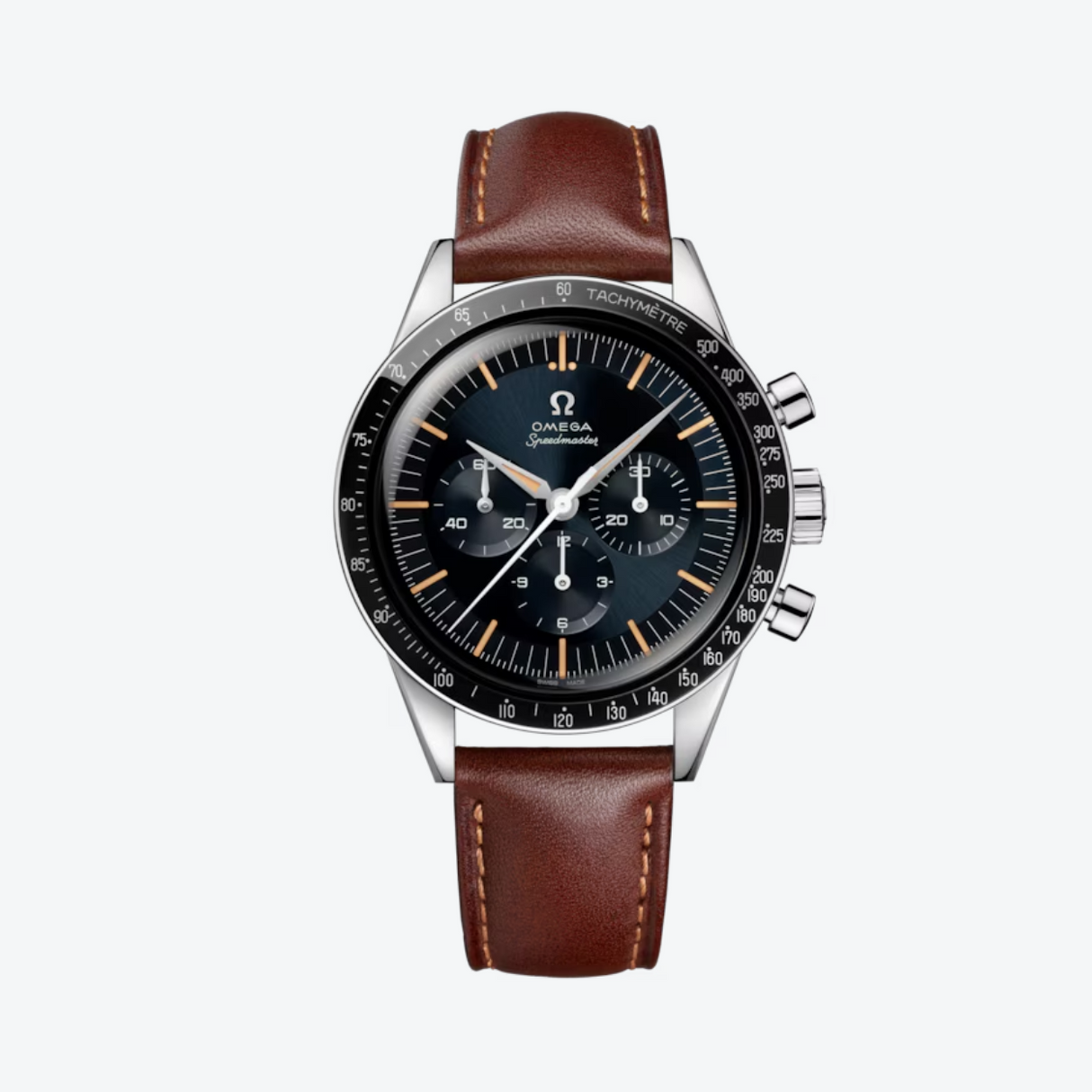 Speedmaster Anniversary Series 39.7mm in Steel with Black Tachymeter Bezel on Brown Calfskin Leather Strap with Blue & Grey Dial