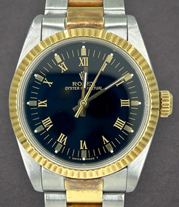 Oyster Perpetual No Date 31mm in Steel with Yellow Gold Fluted Bezel on Oyster Bracelet with Black Stick Roman Dial
