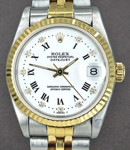 Datejust 31mm Mid Size in Steel with Yellow Gold Fluted Bezel on Jubilee Bracelet with White Roman Diamond Dial