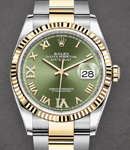 Datejust 36mm in Steel with Yellow Gold Fluted Bezel on Oyster Bracelet with Green Roman Diamond Dial