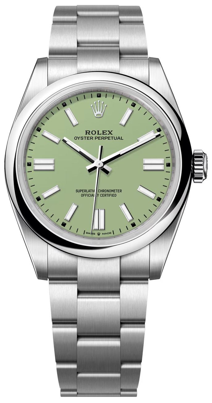 Oyster Perpetual 41mm in Steel with Domed Bezel on Oyster Bracelet with Pistachio Stick Dial