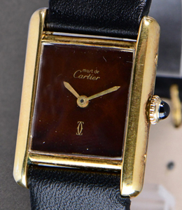 Vintage Mechanical Tank Vermeil 23mm in Yellow Gold Plated on Black Silk Strap - Brown Dial